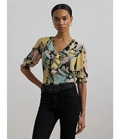 Lauren Ralph Lauren Petite Size Floral Crinkle Georgette Ruffle-Trim Blouse