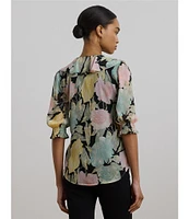 Lauren Ralph Lauren Petite Size Floral Crinkle Georgette Ruffle-Trim Blouse