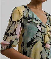 Lauren Ralph Lauren Petite Size Floral Crinkle Georgette Ruffle-Trim Blouse