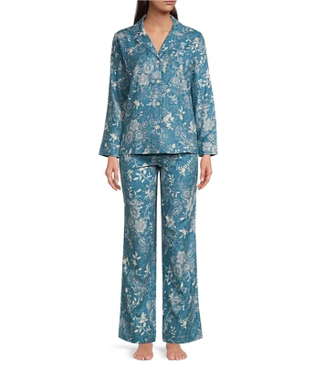 Lauren Ralph Lauren Petite Size Floral Long Sleeve Notch Collar Brushed Twill Pajama Set