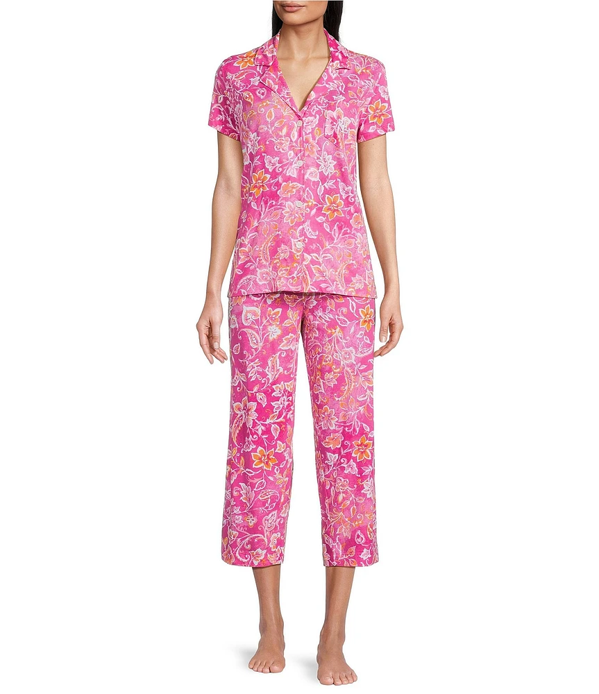 Lauren Ralph Lauren Petite Size Floral Print Short Sleeve Notch Collar Knit Cropped Pajama Set