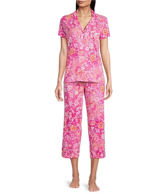 Lauren Ralph Lauren Petite Size Floral Print Short Sleeve Notch Collar Knit Cropped Pajama Set