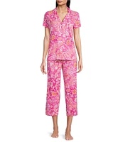 Lauren Ralph Lauren Petite Size Floral Print Short Sleeve Notch Collar Knit Cropped Pajama Set