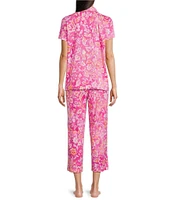 Lauren Ralph Lauren Petite Size Floral Print Short Sleeve Notch Collar Knit Cropped Pajama Set