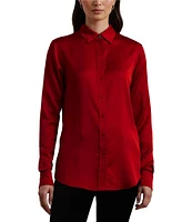 Lauren Ralph Lauren Petite Size Glossy Satin Charmeuse Point Collar Long Sleeve Button Front Shirt