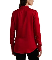 Lauren Ralph Lauren Petite Size Glossy Satin Charmeuse Point Collar Long Sleeve Button Front Shirt