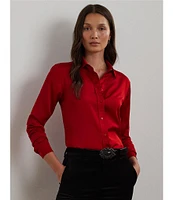 Lauren Ralph Lauren Petite Size Glossy Satin Charmeuse Point Collar Long Sleeve Button Front Shirt