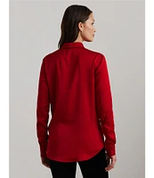 Lauren Ralph Lauren Petite Size Glossy Satin Charmeuse Point Collar Long Sleeve Button Front Shirt