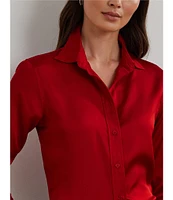 Lauren Ralph Lauren Petite Size Glossy Satin Charmeuse Point Collar Long Sleeve Button Front Shirt