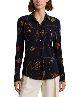 Lauren Ralph Lauren Petite Size Jersey Knit Printed Point Collar Long Sleeve Shirttail Hem Button-Front Shirt