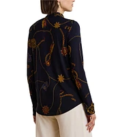 Lauren Ralph Lauren Petite Size Jersey Knit Printed Point Collar Long Sleeve Shirttail Hem Button-Front Shirt