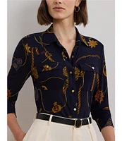 Lauren Ralph Lauren Petite Size Jersey Knit Printed Point Collar Long Sleeve Shirttail Hem Button-Front Shirt