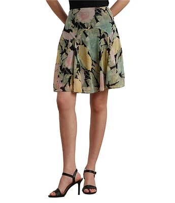 Lauren Ralph Lauren Petite Size Lightweight Crinkle Georgette Embriordered Floral A-Line Skirt
