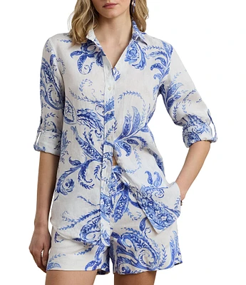 Lauren Ralph Lauren Petite Size Lightweight Linen Paisley Point Collar Long Roll-Tab Sleeve Button Front Shirt