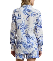 Lauren Ralph Lauren Petite Size Lightweight Linen Paisley Point Collar Long Roll-Tab Sleeve Button Front Shirt