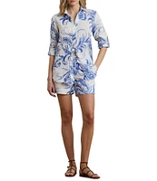 Lauren Ralph Lauren Petite Size Lightweight Linen Paisley Point Collar Long Roll-Tab Sleeve Button Front Shirt