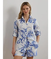 Lauren Ralph Lauren Petite Size Lightweight Linen Paisley Point Collar Long Roll-Tab Sleeve Button Front Shirt