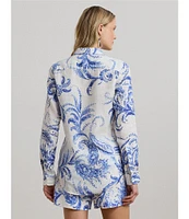 Lauren Ralph Lauren Petite Size Lightweight Linen Paisley Point Collar Long Roll-Tab Sleeve Button Front Shirt