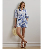 Lauren Ralph Lauren Petite Size Lightweight Linen Paisley Point Collar Long Roll-Tab Sleeve Button Front Shirt
