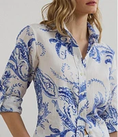 Lauren Ralph Lauren Petite Size Lightweight Linen Paisley Point Collar Long Roll-Tab Sleeve Button Front Shirt
