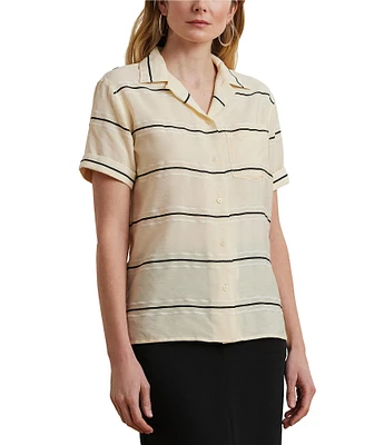 Lauren Ralph Lauren Petite Size Lightweight Striped Camp Collar Short Sleeve Button Front Camp Shirt
