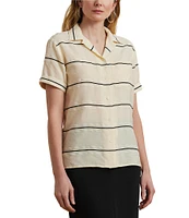 Lauren Ralph Lauren Petite Size Lightweight Striped Camp Collar Short Sleeve Button Front Camp Shirt