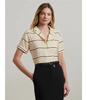 Lauren Ralph Lauren Petite Size Lightweight Striped Camp Collar Short Sleeve Button Front Camp Shirt