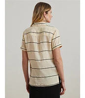 Lauren Ralph Lauren Petite Size Lightweight Striped Camp Collar Short Sleeve Button Front Camp Shirt