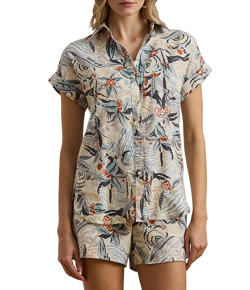 Lauren Ralph Lauren Petite Size Linen Abstract Print Point Collar Short Sleeve Button-Front Shirt