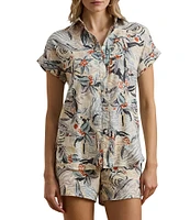 Lauren Ralph Lauren Petite Size Linen Abstract Print Point Collar Short Sleeve Button-Front Shirt