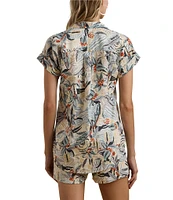 Lauren Ralph Lauren Petite Size Linen Abstract Print Point Collar Short Sleeve Button-Front Shirt