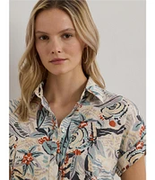 Lauren Ralph Lauren Petite Size Linen Abstract Print Point Collar Short Sleeve Button-Front Shirt