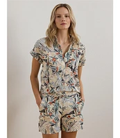 Lauren Ralph Lauren Petite Size Linen Abstract Print Point Collar Short Sleeve Button-Front Shirt
