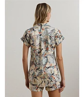 Lauren Ralph Lauren Petite Size Linen Abstract Print Point Collar Short Sleeve Button-Front Shirt