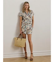 Lauren Ralph Lauren Petite Size Linen Abstract Print Point Collar Short Sleeve Button-Front Shirt