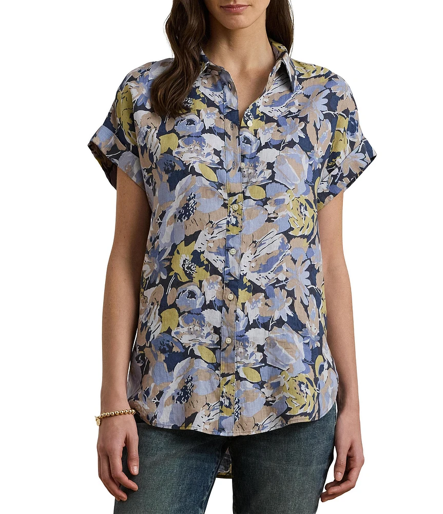 Lauren Ralph Lauren Petite Size Linen Floral Point Collar Short Rolled Cuff Sleeve Button-Front Shirt
