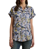 Lauren Ralph Lauren Petite Size Linen Floral Point Collar Short Rolled Cuff Sleeve Button-Front Shirt