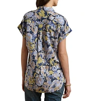 Lauren Ralph Lauren Petite Size Linen Floral Point Collar Short Rolled Cuff Sleeve Button-Front Shirt