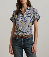 Lauren Ralph Lauren Petite Size Linen Floral Point Collar Short Rolled Cuff Sleeve Button-Front Shirt