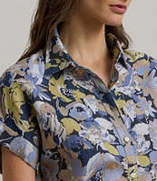 Lauren Ralph Lauren Petite Size Linen Floral Point Collar Short Rolled Cuff Sleeve Button-Front Shirt