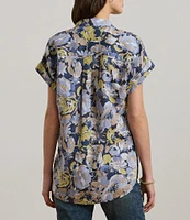 Lauren Ralph Lauren Petite Size Linen Floral Point Collar Short Rolled Cuff Sleeve Button-Front Shirt