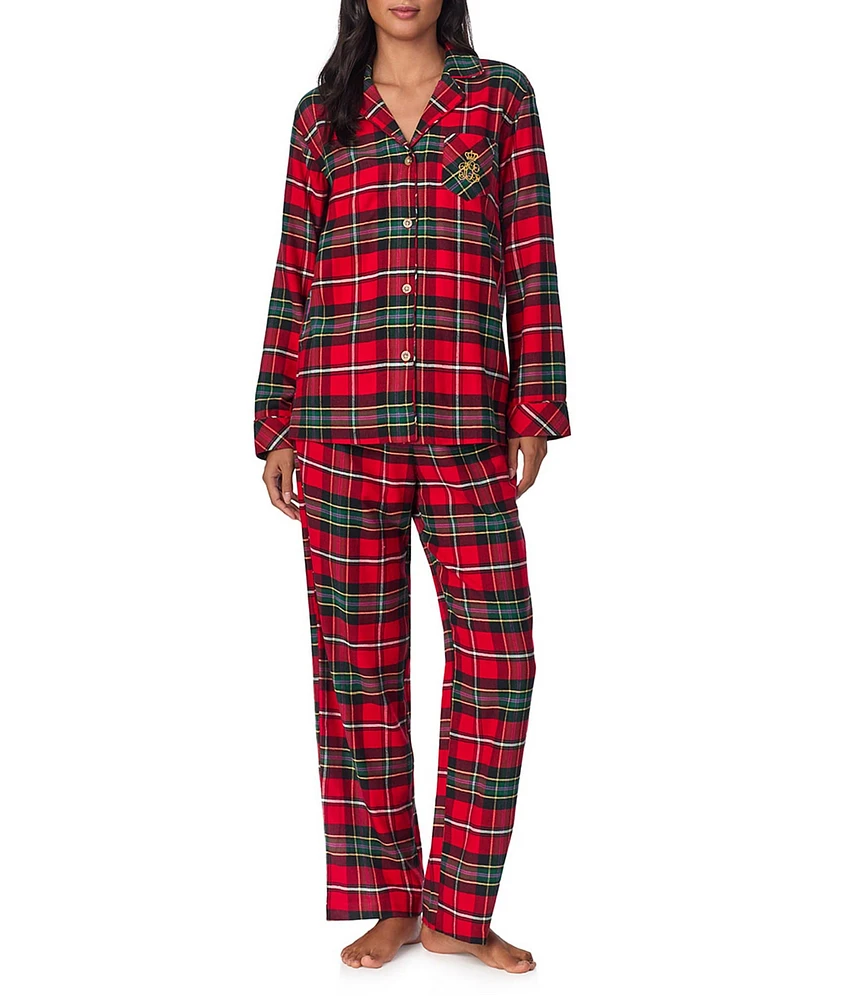 Lauren Ralph Lauren Petite Size Long Sleeve Notch Collar Brushed Twill Plaid Holiday Pajama Set