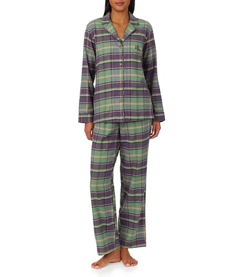 Lauren Ralph Lauren Petite Size Long Sleeve Notch Collar Long Pant Twill Multi Plaid Pajama Set