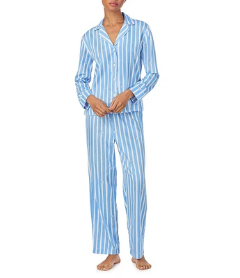 Lauren Ralph Lauren Petite Size Long Sleeve Notch Collar Sateen Woven Stripe Print Pajama Set