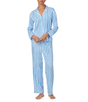 Lauren Ralph Lauren Petite Size Long Sleeve Notch Collar Sateen Woven Stripe Print Pajama Set