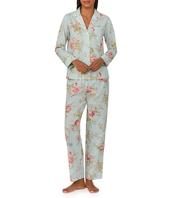 Lauren Ralph Lauren Petite Size Long Sleeve Notch Collar Woven Sateen Floral Pajama Set