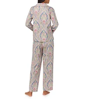 Lauren Ralph Lauren Petite Size Long Sleeve Notch Collar Woven Sateen Paisley Pajama Set