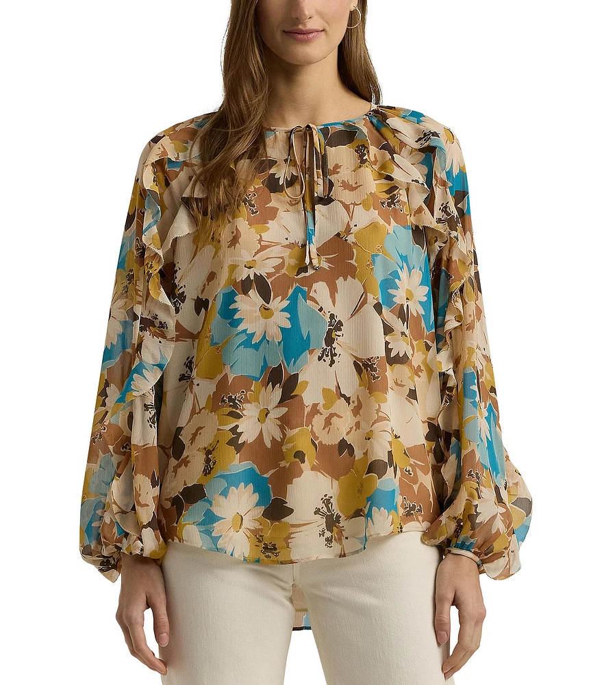 Lauren Ralph Lauren Petite Size Maygia Floral Crinkle Georgette Tie-Neck Blouse