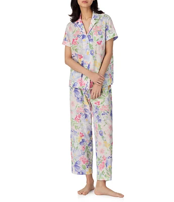 Lauren Ralph Lauren Petite Size Multi Floral Print Short Sleeve Notch Collar Woven Cropped Pajama Set
