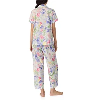 Lauren Ralph Lauren Petite Size Multi Floral Print Short Sleeve Notch Collar Woven Cropped Pajama Set